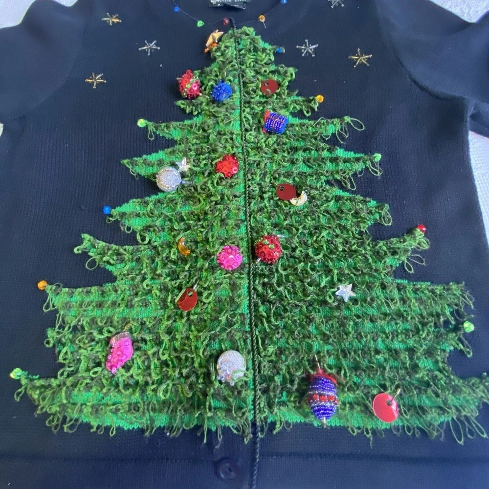 Berek 2 Sweater Christmas Tree 3D Sz S VTG Takako Saxon‎ Black Button Down Front